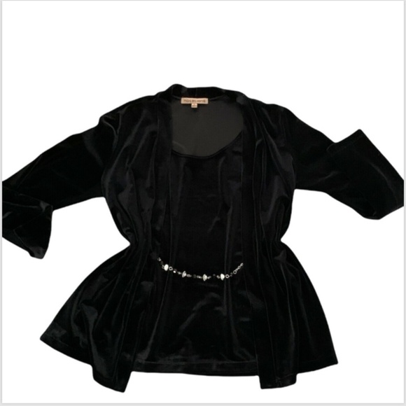 Notations Sz M Black Velvet Shell Top Attached Jacket Beaded Belt #235G - Picture 5 of 9